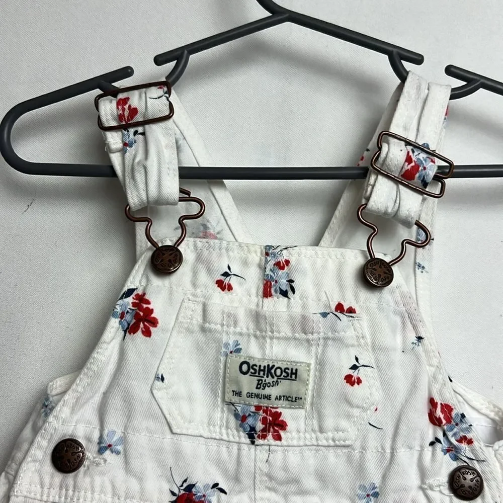OshKosh B’Gosh white cotton red and blue floral overall dress EUC size 3 months